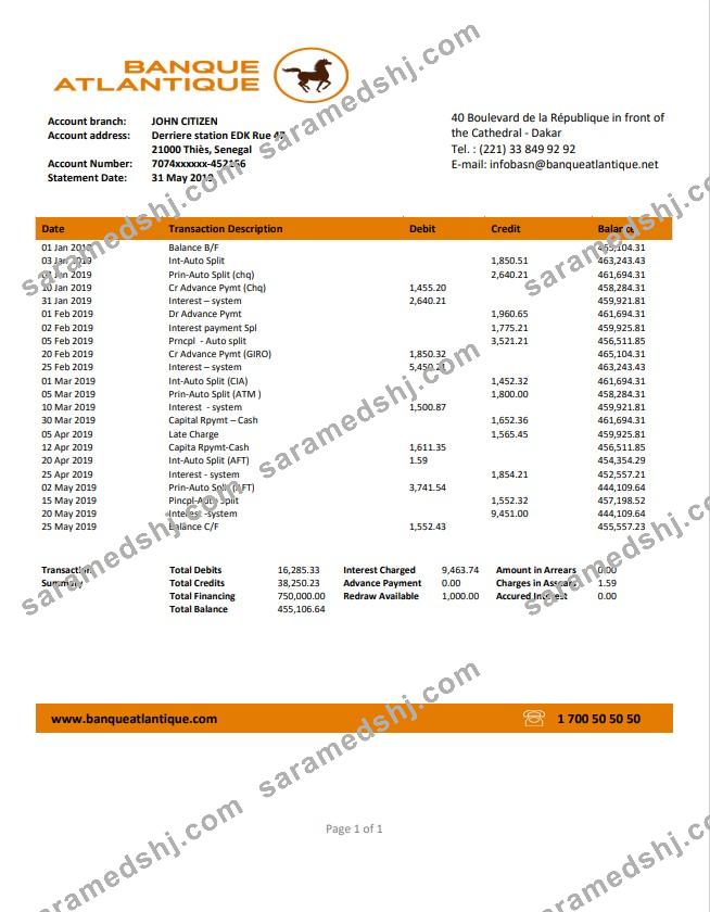 Senegal Banque Atlantique bank statement easy to fill template in Word and PDF format